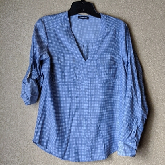 Express Light Blue White Polka Dot Blouse Sz Small - Picture 1 of 6